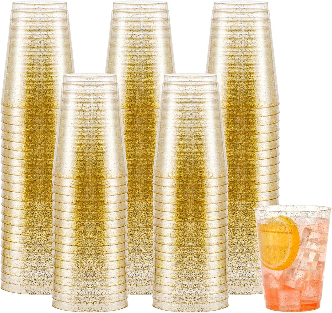 supernal 200pcs Gold Glitter Plastic Cups,10oz Disposable Plastic Cups,Disposable Glasses Tumblers,Drinking Tumblers for Party,Wedding,Birthday (EXP 08/01/26)