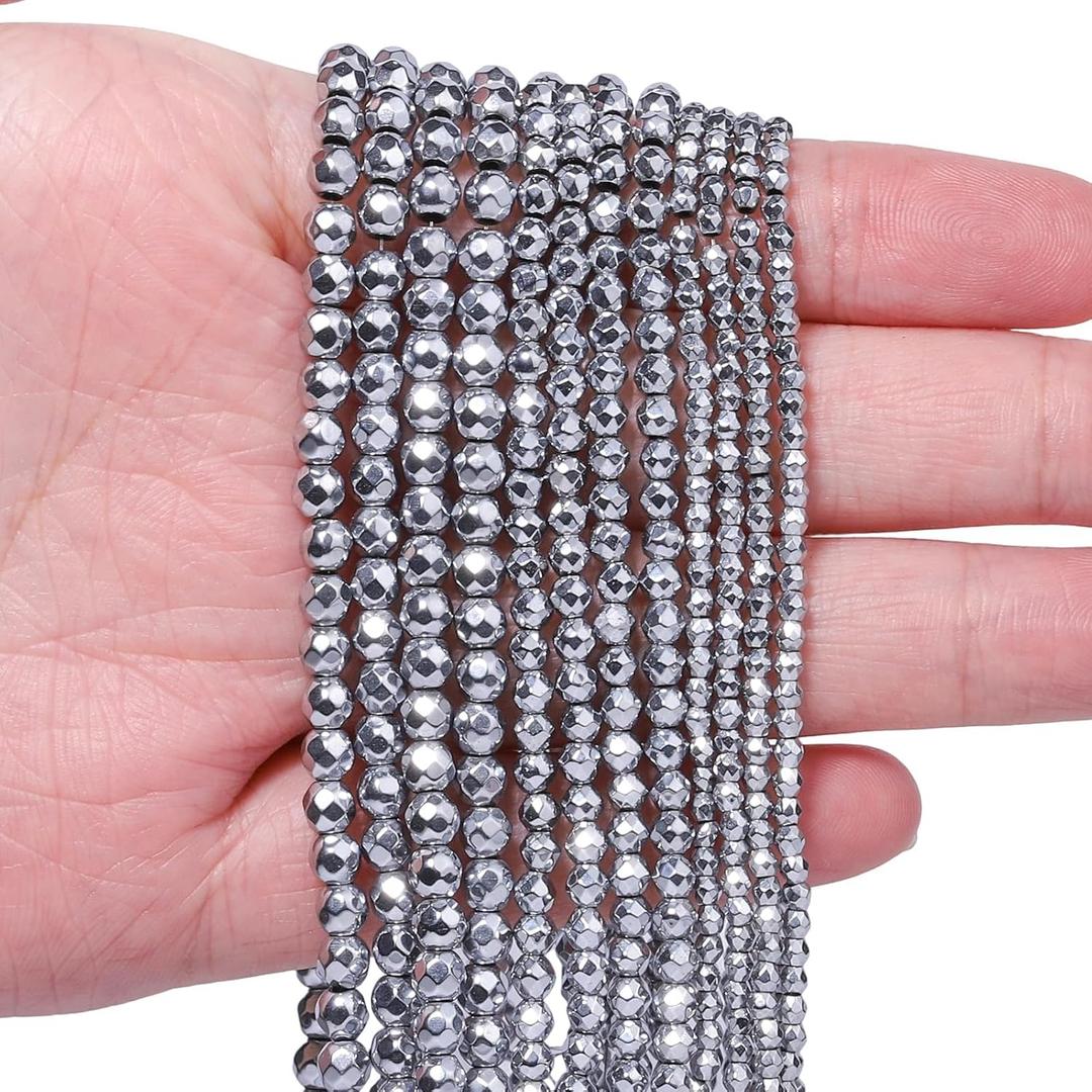 2mm 180pcs Natural Silver Hematite Stone Beads, Songxi Small Faceted Round Loose Gemstone Beads for Jewelry Making, DIY Art and Craft, Bracelet Beads for Necklace (1 Strand)
