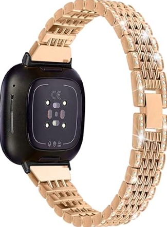 Metal Bands Compatible with Fitbit Sense 2/Sense/Versa 4/Versa 3 Watch, Replacement Rhinestone Bling Wristband for Women, Silver Black Rose Gold