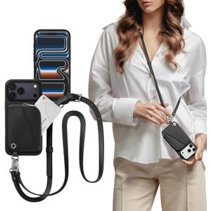 MAGEASY Compatible with iPhone 17 Pro Max 6.9" Wallet Case with Crossbody Strap - Coin Purse & Card Slot, with Leather Crossbody Lanyard, 16ft Ultimate Drop Protection | Pouch (Black)