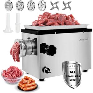 Anatole Commercial Electric Meat Grinder 1.5 HP 1100 W All Stainless Steel Meat Bones Mincer Heavy Duty Sausage Stuffer with 4 Grinding Plate 2 Blades for Restaurant Hotel 110V