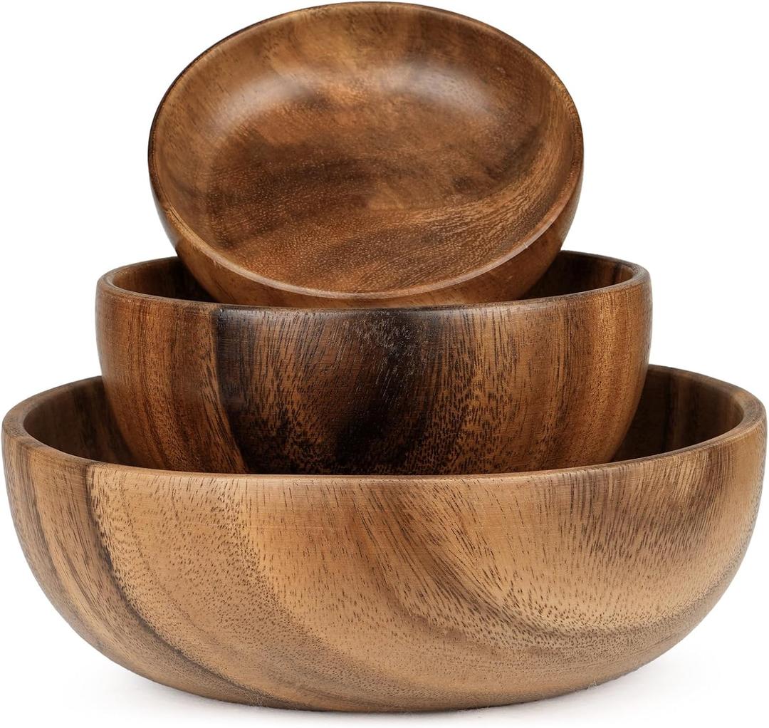 Acacia Wood Salad Bowl Set, 3-Piece Natural Solid Wood Serving Bowls, Handcrafted & Hand-Polished, Wooden Salad Bowls for Kitchen & Dining for Pasta, Yogurt, Fruit, Snacks & Gift Giving