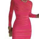 MOEENCN Women Ruched Bodycon Mini Mesh Dress Round Neck Long Sleeve Pleated Sheer Short Dresses Party Night Club Fuchsia, XL