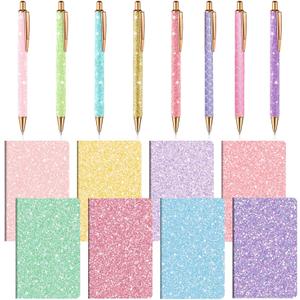 16 Pack Glitter Pens and Notepads Set 8 Mini Glitter Pocket Notebooks 8 Fancy Sparkly Ballpoint Pens Stationery Gifts for Women Teacher Journaling School Office Supplies (Pastel Color)