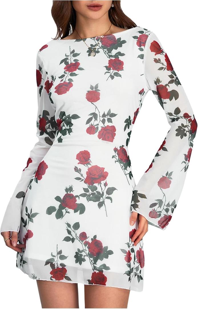 MakeMeChic Women's Cheetah Print Mini Dress Y2k Bell Sleeve Leopard Print Dress Going Out Outfits (M)