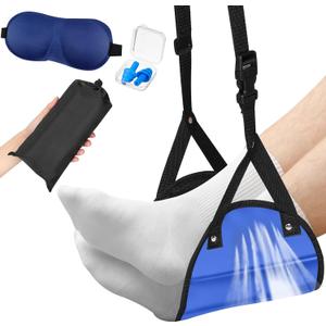 Yerliker Airplane Foot Hammock(Memory Foam) with Earplugs and Eye Mask Travel Necessities Adjustable Airplane Desk Foot Rest for Long Trip Pain and Swelling Relief(Blue)