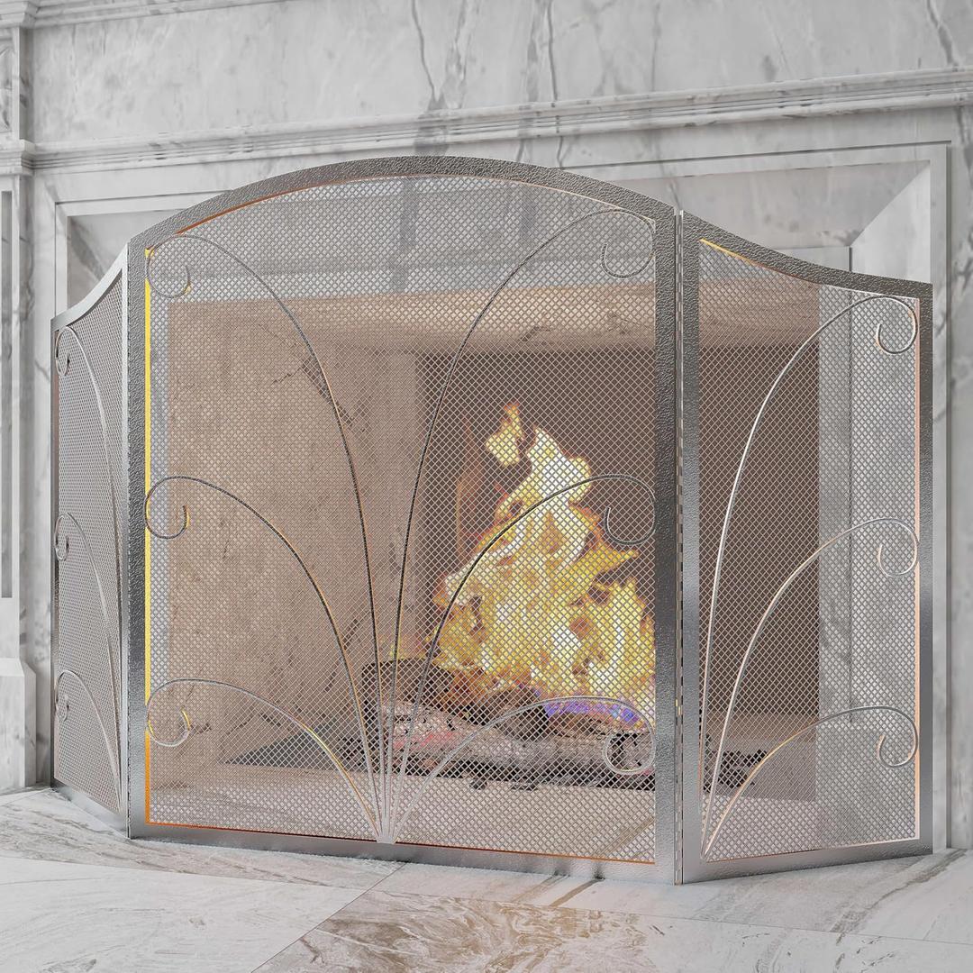 Kingson 3-Panel Arched Fireplace Screen Decorative, Handcrafted Scroll Wrought Iron Fireplace Spark Guard Cover - Pewter Spotted