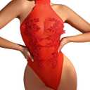 Avidlove Teddy Lingerie for Women Sexy Mesh Bodysuit Snap Crotch Body Suits Sheer Emboroidered One Piece Babydoll (Red)