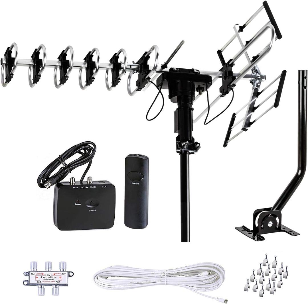 Five Star Outdoor Antenna HD TV 200 Miles Range with Motorized 360° Rotation, UHF/VHF/FM Radio with Infrared Remote Control Plus Installation Kit & Mounting Pole