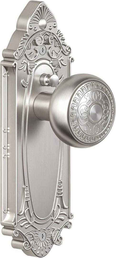 Brushed Nickel Door Knob Privacy Bedroom Bathroom with Lock, Vintage Interior Door Handle with Plate for Hallway, Closet, Farmhouse Style(1 Pack)