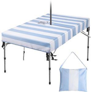 Tegeme Patio Outdoor Tablecloth with Umbrella Hole and Drawstrings 62 L x 38 W x 6 H Rectangle Patio Table Covers Waterproof Fabric Cloth for Picnic Outside Furniture Covers, Blue and White