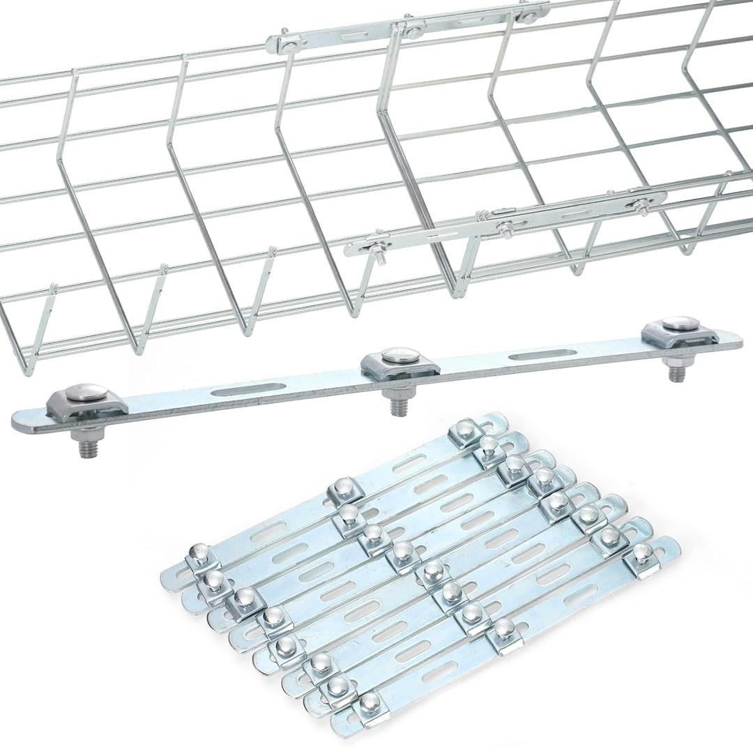 10 Pcs Cable Tray Strengthening Bar Kit, Wire Mesh Cable Tray Strengthening Bar Kit, Zinc Plated Steel Splice Connection Hardware for Network, Fiber Optic, Cabling Accessory, Sliver
