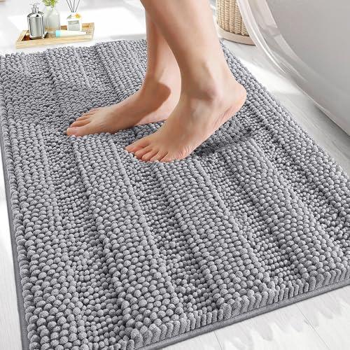 Thick Bathroom Rugs 30x20, Extra Soft Absorbent Chenille Striped Bath Rugs, Rubber Backing, Machine Wash Dry, Bath Mats for Bathroom Floor, Tub and Shower, Home Decor Accessories, Grey