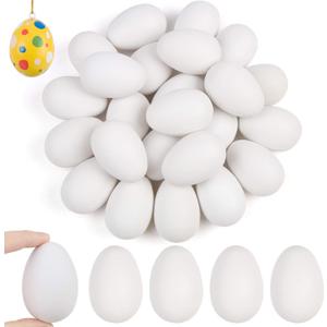 DIYASY Easter White Fake Eggs,30 Pcs Plastic Egg with Ribbon for Kids Craft Making and Easter Tree Ornaments