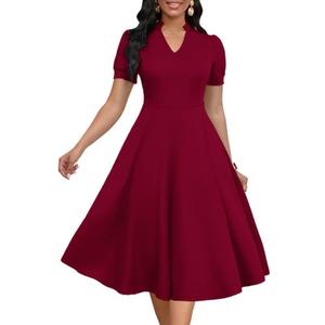 Womens Short Puff Sleeve V Neck Casual Semi-Formal Cocktail Party A-Line Dress (Medium, 017-burgundy)