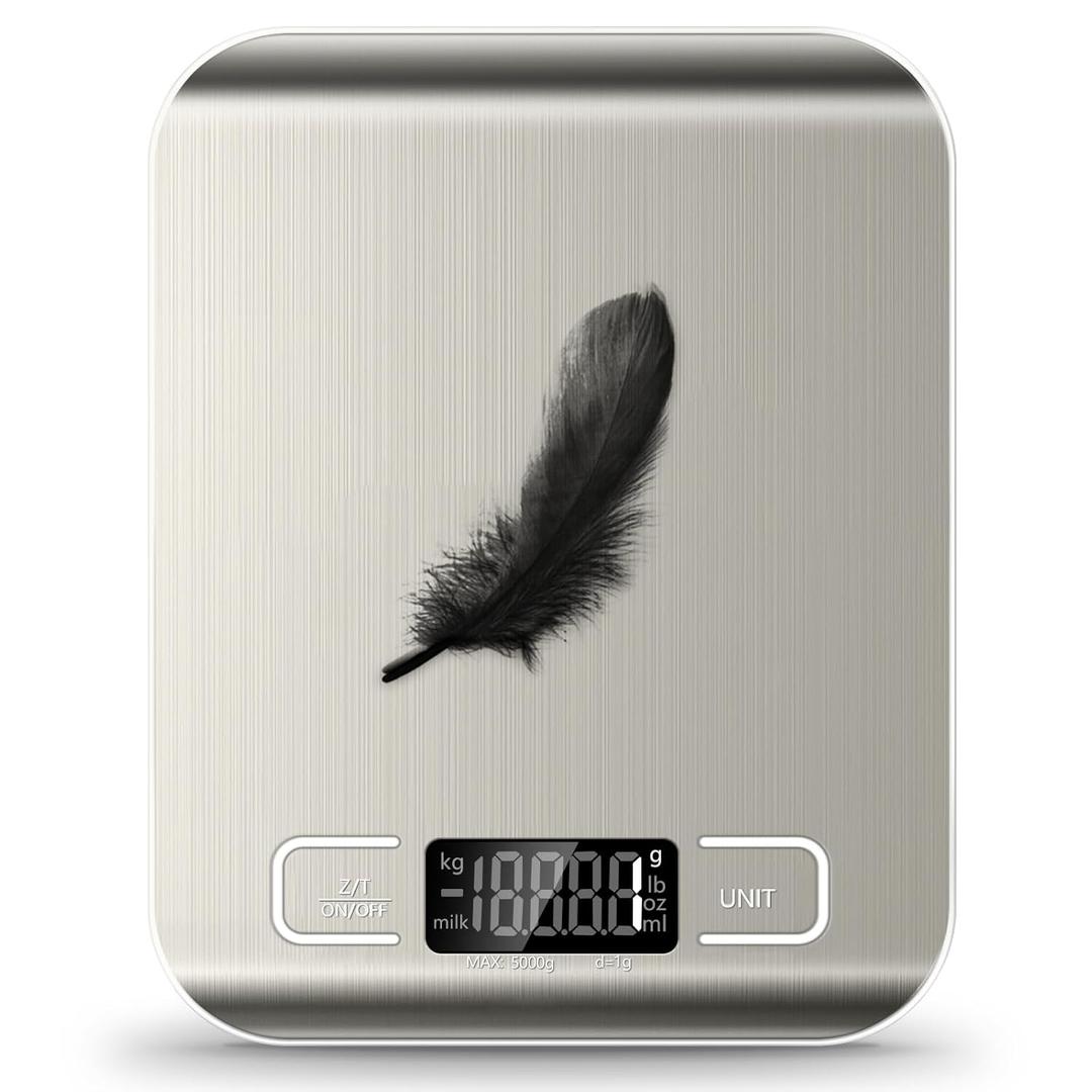 Food Scale, 11lb Kitchen Scale with 6 Units Tare Function & LCD Display, 0.05oz/1g Stainless Steel Digital Food Scale Grams and Ounces for Baking, Cooking, Dieting and Meal Prep (Batteries Included) (Silver)