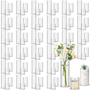 Nuogo 90 Pcs Plastic Cylinder Vases Tall Plastic Flower Vases for Centerpieces Hurricane Candle Holder for Home Wedding Office Party Formal Dinners Decorations (4''/6''/8'')