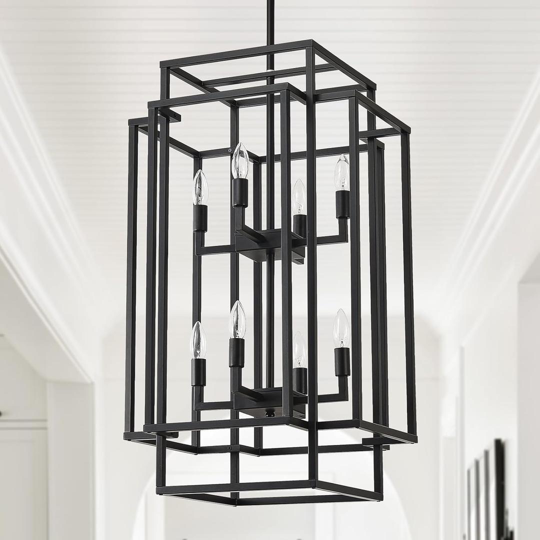 HHR 8-Light Black Lantern Tiered Pendant Light Fixtures, 32" H Foyer Lighting Fixtures, Farmhouse Chandelier for Dining Room Kitchen Island Foyer Entryway Living Room