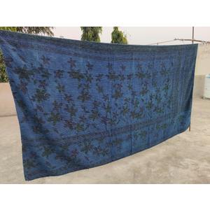 Indigo Blue Dye Cotton Kantha Throw Quilt Handmade Throw Blanket Bedspread Cotton Boho Hippie Quilt Bedspread Vintage Kantha Throw Handmade (Queen: -90" x 108" Inch (228 x 274 cm) Approx.)