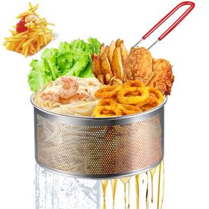 Deep Fryer Basket, 7.8''x4'' Fry Only, Round Stainless Steel Frying Baskets with Heat Resistant Silicone Handle, for Kitchen Cooking Strainer Colander, Serving Food, Ideal for Gift, 3-Quart