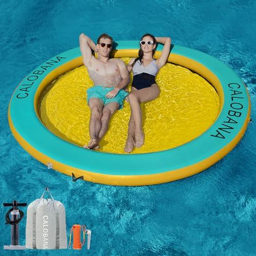CALOBANA 10ft Circle Floating Dock, Inflatable Water Hammock Floating Ring with Mesh Inflatable Water Raft for Ocean Summer Party Adults, Yellow
