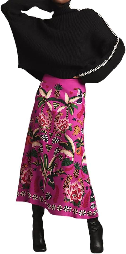 THLAI Womens Skirt Midi Skirt Tropical Plant Print Pink Zipper A-Line Long Skirts Spring Summer Skirt Floral, XL