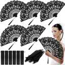 6 Pcs Lace Folding Handheld Fan for Wedding Cotton Embroidered Bridal Hand Fan with Bamboo Staves and Silk Tassels Vintage Retro for Guests Women Wedding Bridal Shower Party Favors (Black)