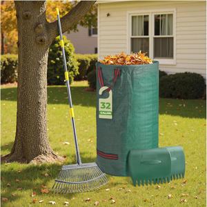 HIRALIY Rake for Leaves, 25 Tines 18 Inch Wide Metal Rake, 32 Gallon Leaf Bag and Leaf Scoop, 3-in-1 Garden Rakes Set for Yard Lawn Shrub Gardening Grass Clippings Bush Twigs Debris, Green