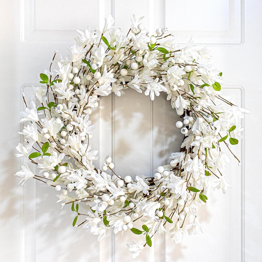 White Wreath 20 Inch Winter Wreaths for Front Door Artificial Forsythia Wreath with White Berries for Winter Christmas Farmhouse Indoor Outdoor Porch Wall Window Decor