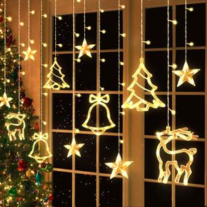 11.5 FT Hanging Christmas Window Lights, 8 Modes 139 LED Christmas Curtain Lights Plug-in with Tree Star Bell Deer Xmas Decorations Indoor Outdoor for Wedding Bedroom Party Home, Warm White