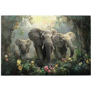 Jungle and Elephants Jigsaw Puzzle 1000 Pcs, Ideal for Game Night, Oil Painting Animal Wooden Jigsaw Puzzle, 1000 Piece Puzzle for Adults, Challenging Charm Puzzle for Game Night