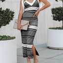 Saodimallsu Womens Summer Midi Bodycon Sweater Dress Sexy V Neck Tie Shoulder Striped Knit Side Slit Sleeveless Tank Dresses