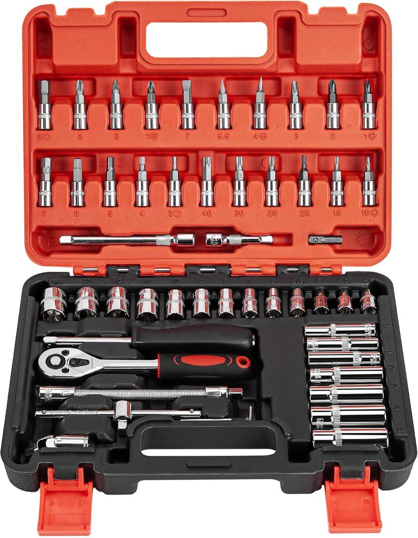 CARTMAN 53 Pieces 1/ 4 inch Drive Socket Ratchet Wrench Tool Set with Bit Socket Set Metric and Extension Bar for Auto Repairing and Household, with Storage Case