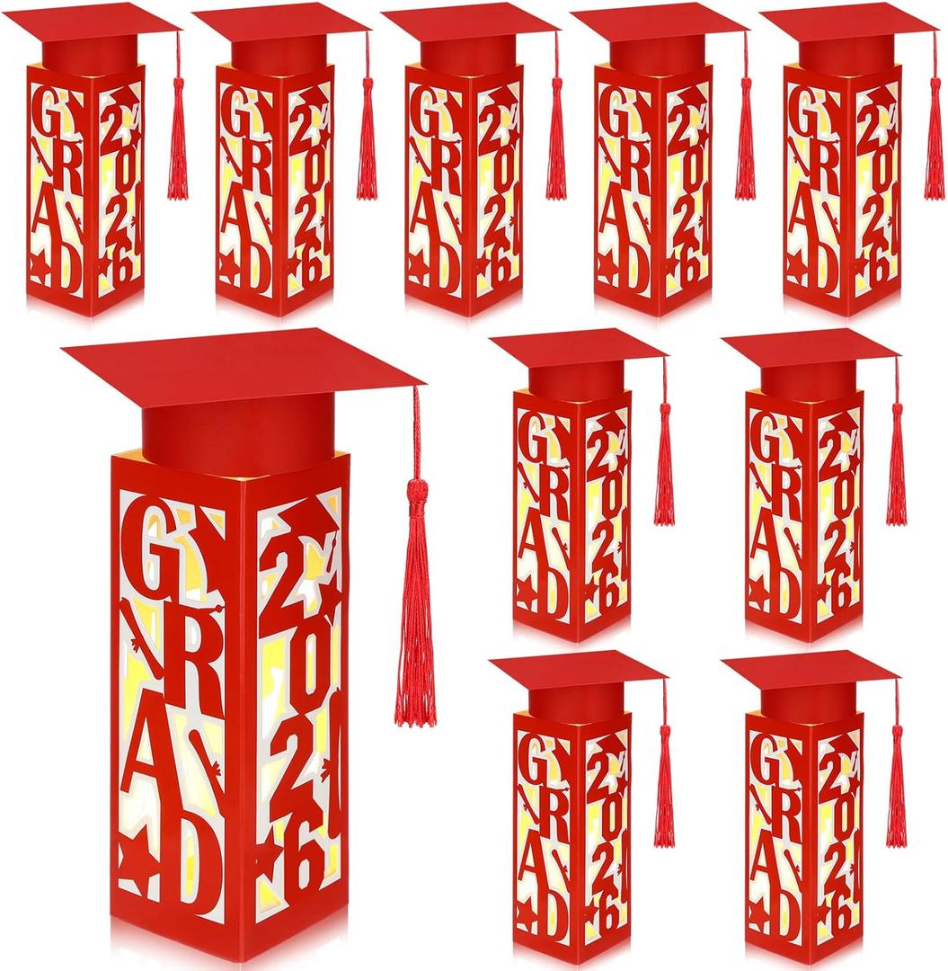 Tellingyou 9 Pcs Graduation Table Centerpieces Boxes 2026 Graduation Lantern Boxes with LED Light Small Cap Table Decorations Congrats School College Photo Props(Grad,Red)