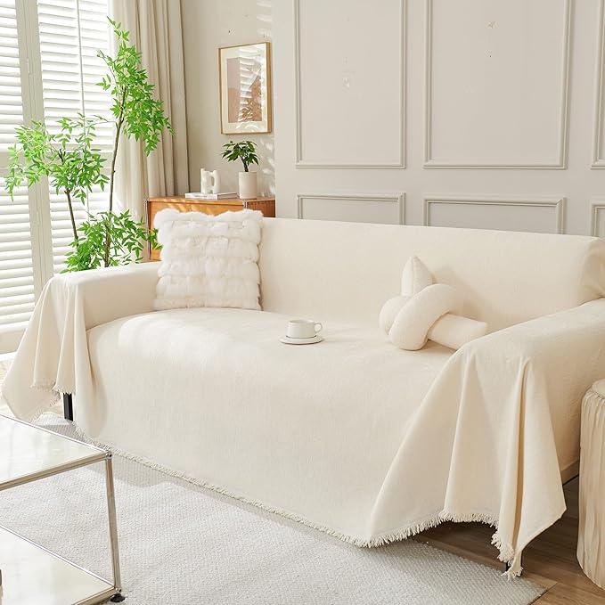 DREAMINGO Sofa Covers Washable Thick Chenille Couch Cover for 3 Cushion Couch Sofa Multi-Use Couch Cover Blanket Modern Pet Furniture Protector Sectional Couch Slipcover 91"x150", Beige White