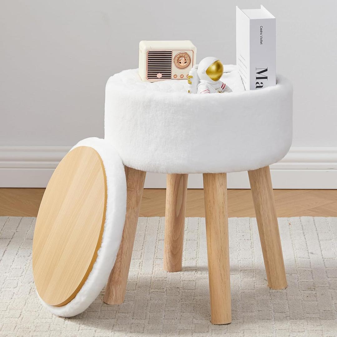 BRIAN & DANY Vanity Stool, Faux Fur Vanity Stool Chair with Storage, Round Makeup Chair Soft Padded Seat with Legs for Bedroom (White)