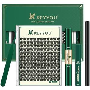 KEYYOU Lash Clusters Kit 144pcs Thick Volume D Curl Eyelash Clusters Lash Extension Kit with Mascara Brush Bond and Seal Glue Remover Applicators and Brush for DIY Lash Extensions (Y02)
