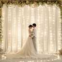 10ft x 10ft Ivory Chiffon Backdrop Curtain with Lights String for Parties,2 Panels Sheer Tulle Curtain Wedding Photo Backdrop with Lights for Baby Shower Birthday Party Ceremony Home Decorations