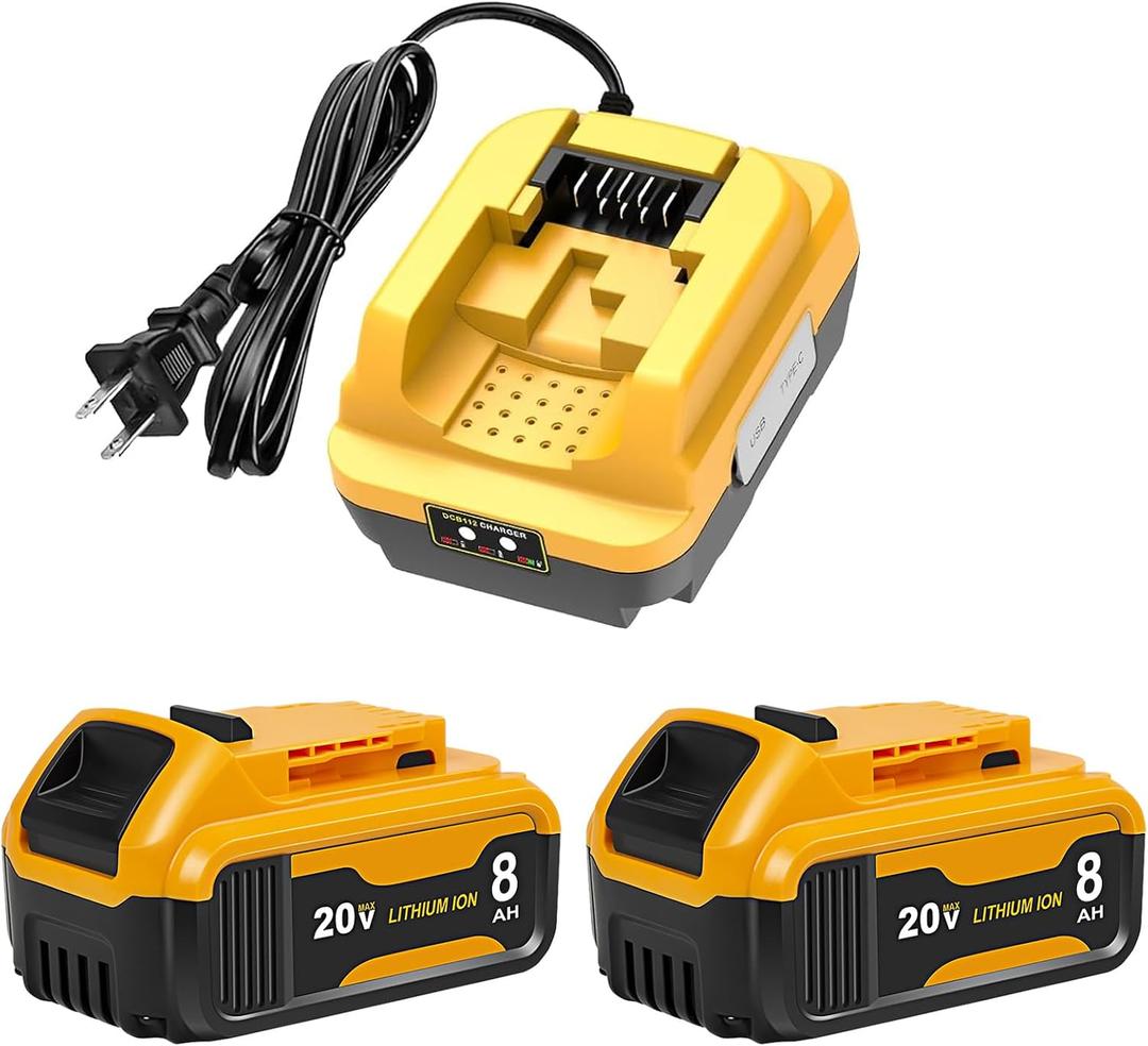 2Pack 8.0Ah Battery Replacement for Dewalt 20V MAX Battery,with DCB112 Charger,Compatible with DCB200 DCB201 DCB203 DCB206