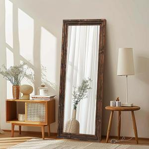 Full Length Mirror 58"x22" Solid Wood Frame Floor Large Mirror for Living Room, Bedroom Hanging or Leaning Wall-Mounted, Brown
