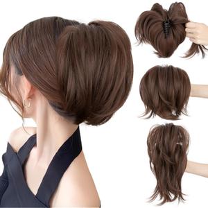 SEGO Claw Clip Short Ponytail Extension Messy Bun Hair Piece With 4 Bendable Metals DIY Synthetic Fake Hair Bun For Women 8 Inch-#10B Medium Brown