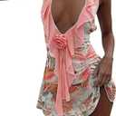 MakeMeChic Women's Halter Dresses Ruffle Deep V Neck Backless Bodycon Sexy Mini Dress (Medium, Coral Pink)