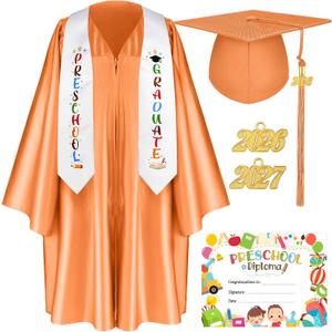 Sureio 6 Pcs Kindergarten Preschool Graduation Cap and Gown 2026 Tassel Stole Certificate for Toddler Kids (Orange)