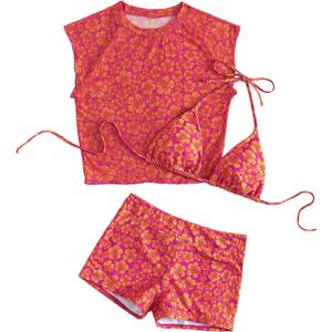 SOLY HUX Women's Floral Print Halter Top and Shorts Bikini Bathing Suits 3 Piece Swimsuit with Cover Up Top (Medium)