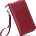 Moflycom Womens Wallet RFID Blocking Genuine Leather Zip Around Wallet Clutch Wristlet Travel Long Purse for Women (Deep Red)