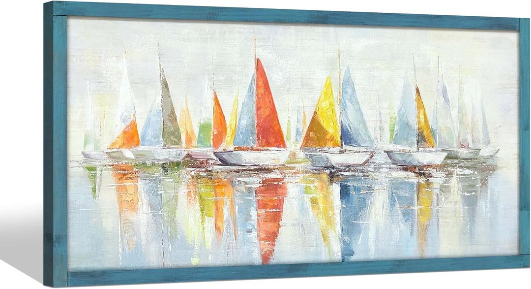 Coastal Wooden Framed Wall Art: Abstract Ocean SailBoat Picture Seascape Print Beach Painting Nautical Artwork for Bathroom 60"x30"