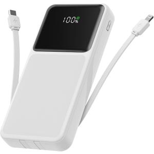 26800mAh Portable Fast Charger with Build in Cables, 22.5W Power Bank with PD 3.0+QC 4.0 LED Display, High Capacity Phone Battery Pack Tracel Essentials Compatible with iPhone Samsung Google, etc (white)