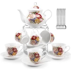 Tea Sets 26-Piece Porcelain Tea Set for Adults,Ceramic Tea Cups (7oz) & Teapot (28oz) with European Vintage Floral Design,Tea Sets For Women Tea Party High Tea,Ideal Gift