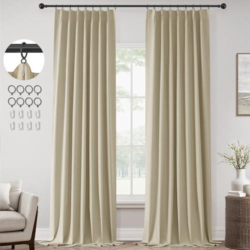 ChrisDowa Greyish Beige Pinch Pleated Blackout Linen Curtains 105 inches Long 2 Panels for Living Room Bedroom Farmhouse Room darking Thermal Insulated Back Tab Hooks Rings Window Treatment Drapes