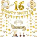 32Pcs Sweet 16 Party Decorations with Banners, Hanging Swirls,Star Garland, Butterfly,Sweet 16 Sash and Tiara,Cake Toper Candles,Balloons, 16th Birthday Decorations for Girls Gold White